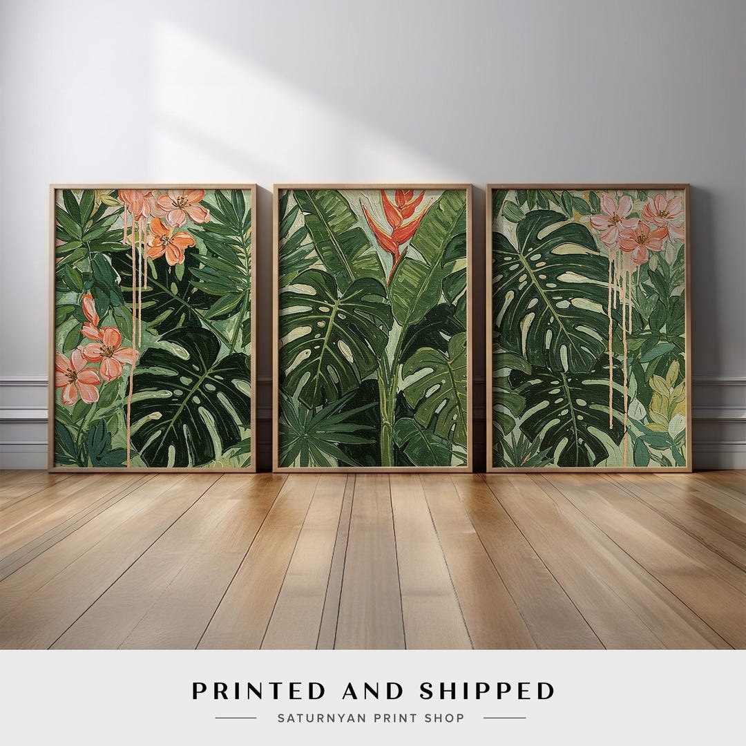 Tropical Botanical Wall Art Set of 3 | Monstera Leaf and Floral ...