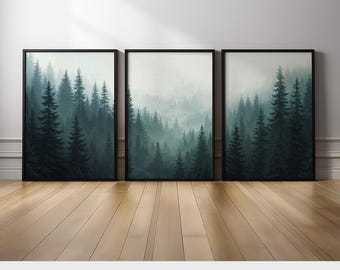 Moody Forest Wall Art | Set of 3 Misty Pine Tree Canvas Prints | Dark Green and Gray Tones for Modern Home Decor | Nature-Inspired Spaces