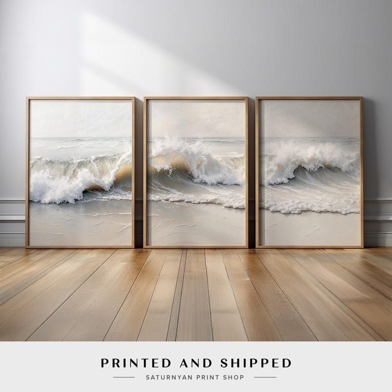 Neutral Ocean Wave Wall Art Set of 3 | Beige Coastal Triptych Canvas ...