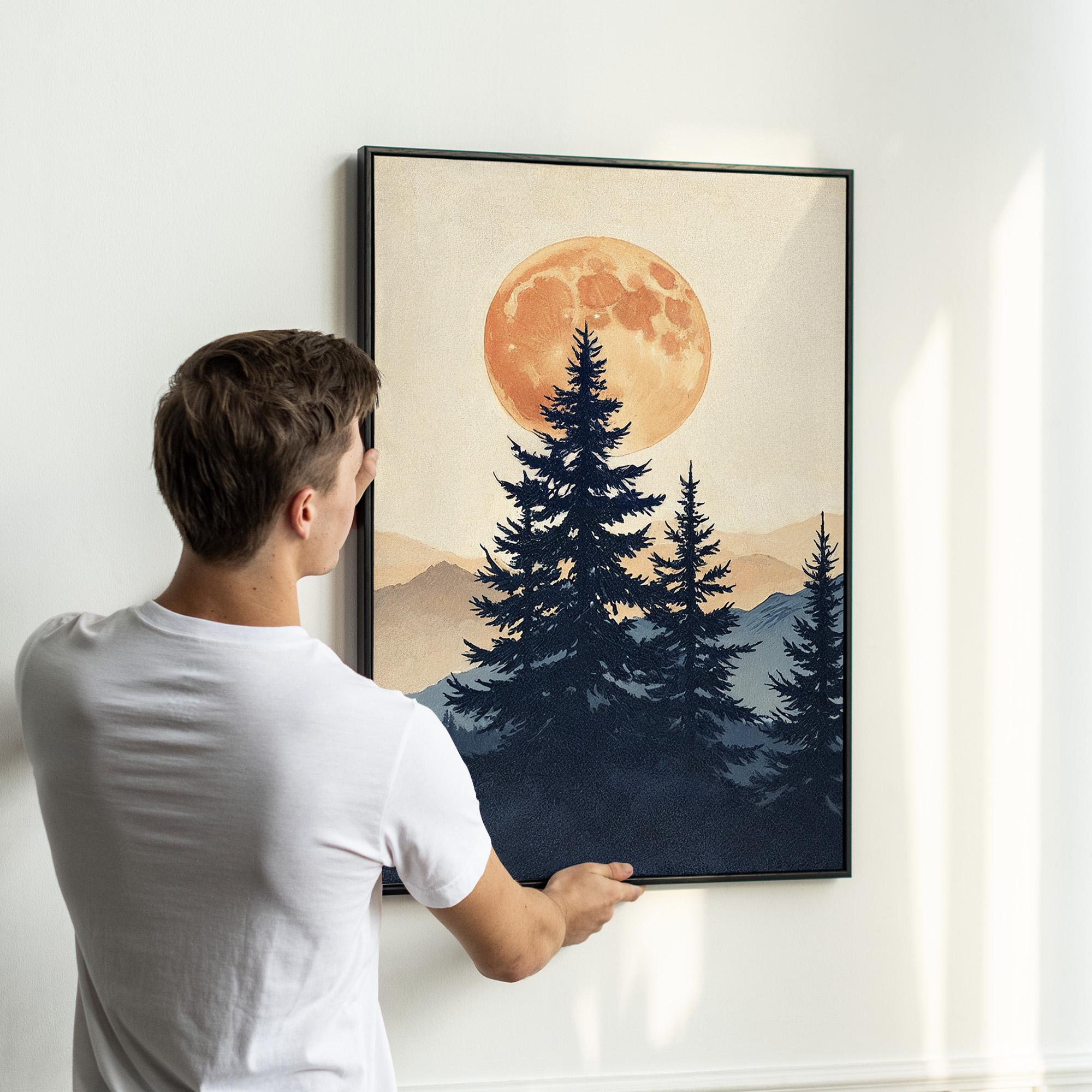 Set of 3 Mountain Landscape Wall Art | Moonlit Night and Pine Forest ...