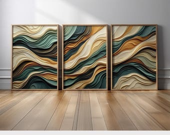 Modern Abstract Wall Art Set of 3 | Neutral Earth Tone in Green and Beige Canvas Prints Triptych | Contemporary Wave-Inspired Decor