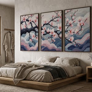 Japanese Cherry Blossom Wall Art Set, Sakura Tree Wall Decor, Elegant Floral Triptych, Zen Meditation Art, Soft Pink Nature Canvas Print bild 1