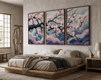 Japanese Cherry Blossom Wall Art Set, Sakura Tree Wall Decor, Elegant Floral Triptych, Zen Meditation Art, Soft Pink Nature Canvas Print