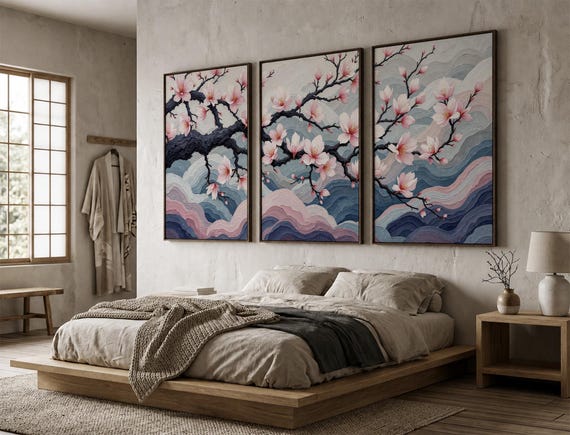Japanese Cherry Blossom Wall Art Set, Sakura Tree Wall Decor, Elegant Floral Triptych, Zen Meditation Art, Soft Pink Nature Canvas Print