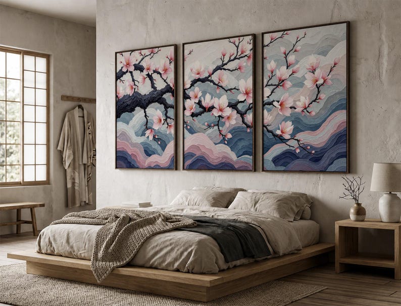 Japanese Cherry Blossom Wall Art Set, Sakura Tree Wall Decor, Elegant Floral Triptych, Zen Meditation Art, Soft Pink Nature Canvas Print bild 1
