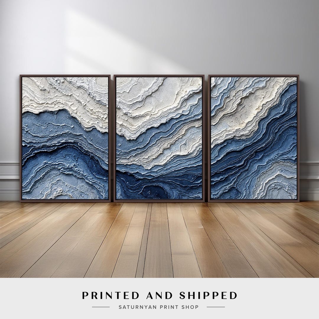 Abstract Blue Wave Wall Art Set of 3 | Ocean-inspired Geological Canvas ...