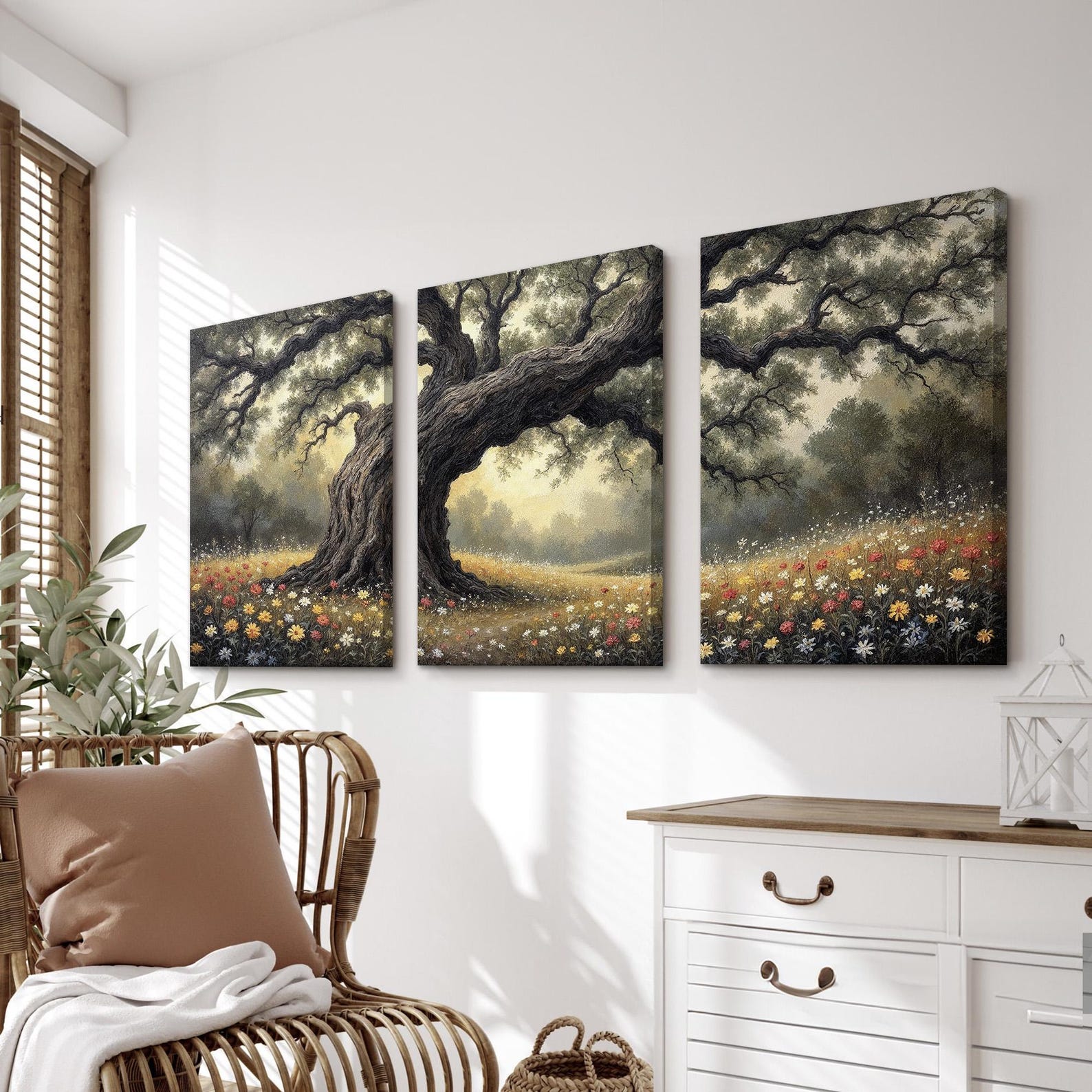 Majestic Tree and Wildflower Meadow Wall Art Set of 3 | Enchanted ...