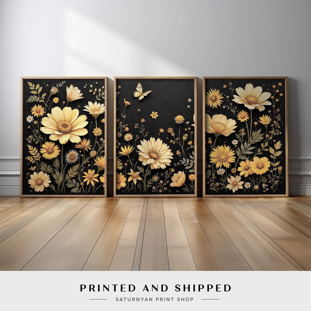 Vintage Yellow Daisy Botanical Triptych | Black Background Floral Wall ...