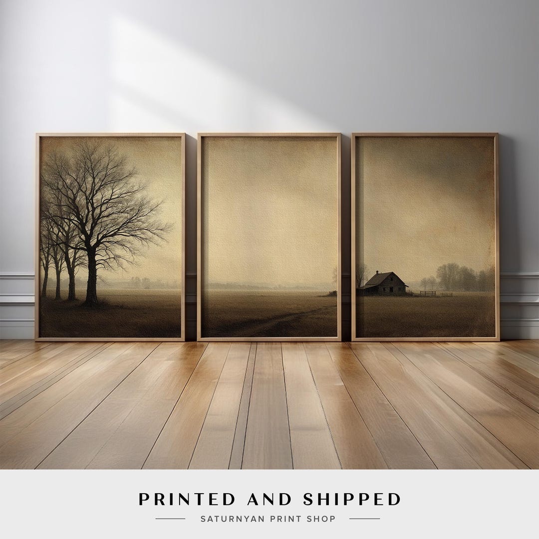 Neutral Farmhouse Wall Art Set of 3 | Vintage Tree Field Canvas Prints ...