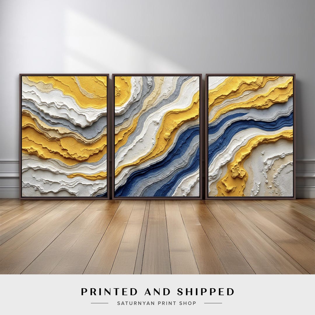 Yellow and Blue Abstract Wall Art Set of 3 | Modern Wave Pattern Canvas ...