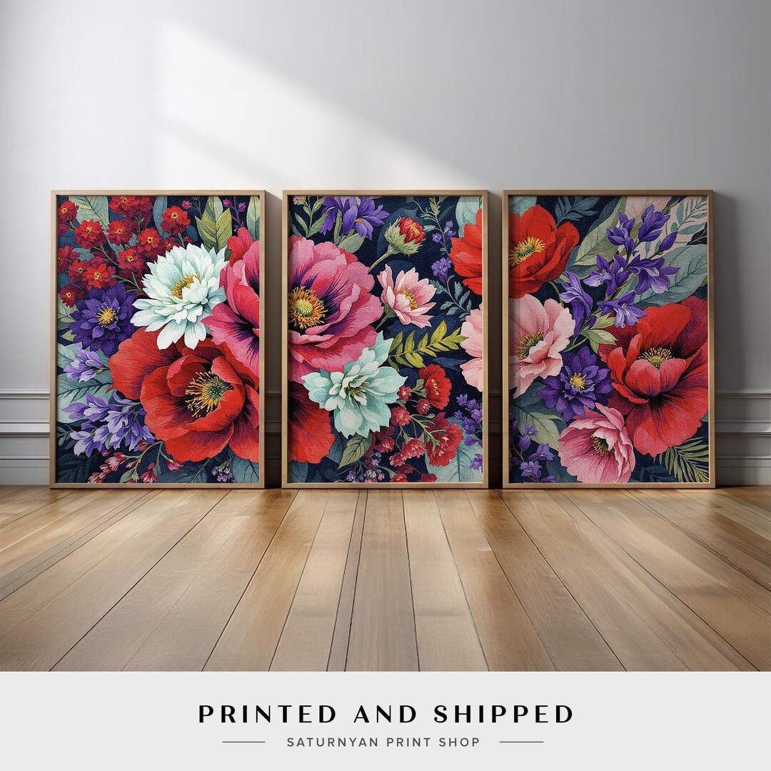 Bold Floral Wall Art Set of 3 | Red, Purple, Teal Flower Canvas Prints ...