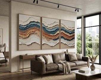 Geological Layered Abstract Wall Art | Earth Tones and Blue Set of 3 Prints | Modern Minimalist Decor for Living Room