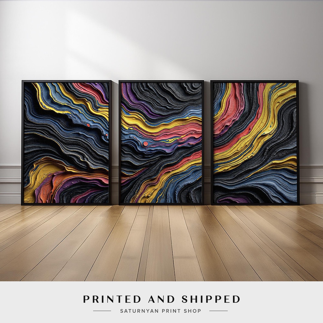 Colorful Abstract Wall Art Triptych Set of 3 | Modern Black Yellow Pink ...
