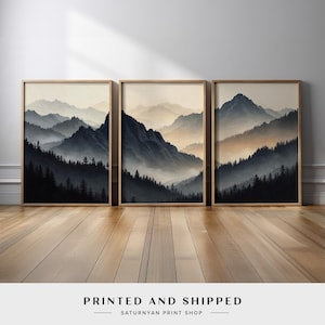 Modern Mountain Wall Art Set | Foggy Silhouette Landscape Triptych in Black Beige Neutral | Large Canvas Prints for Minimal Rustic Decor