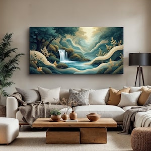 Serene Waterfall Forest Landscape Wall Art, Tranquil Nature Scene Canvas Painting Print for Relaxing Home, Office, or Spa Decor