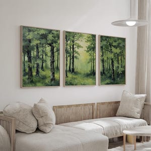 Green Forest Wall Art Set of 3 | Lush Woodland Landscape Canvas Prints ...
