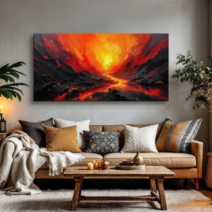 Volcanic Landscape Wall Art, Fiery Lava Flow Canvas Print with Intense Red and Orange Tones, Dramatic Nature-Inspired Home Decor
