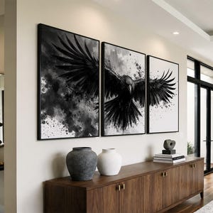 Raven Wall Art Set of 3 | Black and White Ink Splash Canvas Prints with Crow Wings Spread | Gothic Abstract Triptych for Modern Decor image 3