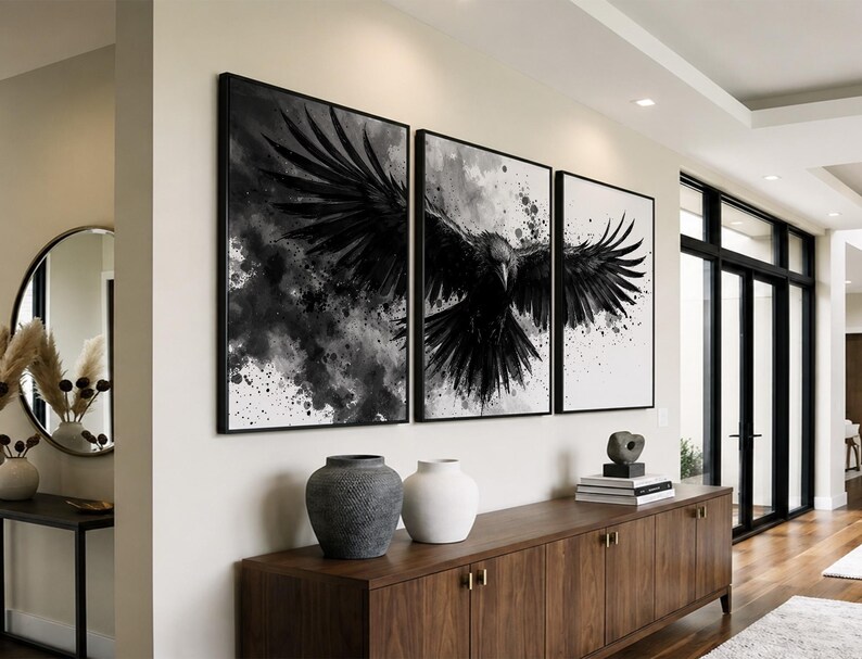 Raven Wall Art Set of 3 | Black and White Ink Splash Canvas Prints with Crow Wings Spread | Gothic Abstract Triptych for Modern Decor image 3
