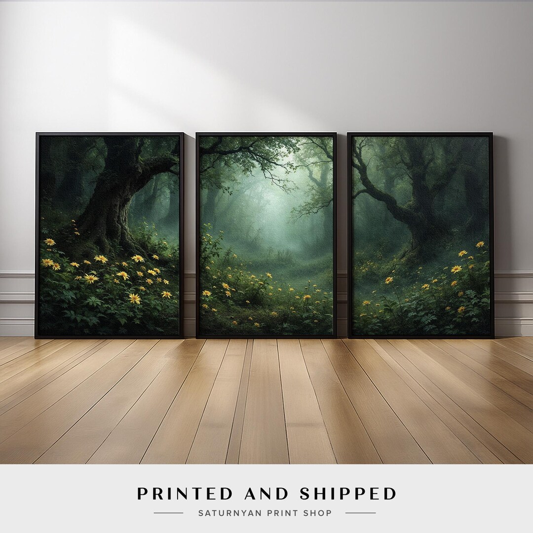 Forest Wall Art Triptych | Dark Green Misty Woodland Canvas Prints With ...