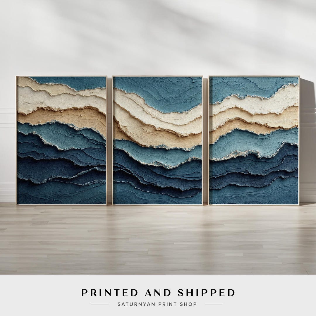 Coastal Blue Wall Art Set of 3 | Sand Ocean Inspired Wave Canvas Prints ...