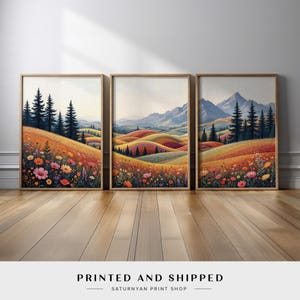 Bright Mountain Wall Art Set of 3 | Colorful Rolling Hills and Meadow Canvas Prints with Pines and Peaks | Scenic Nature for Modern Decor