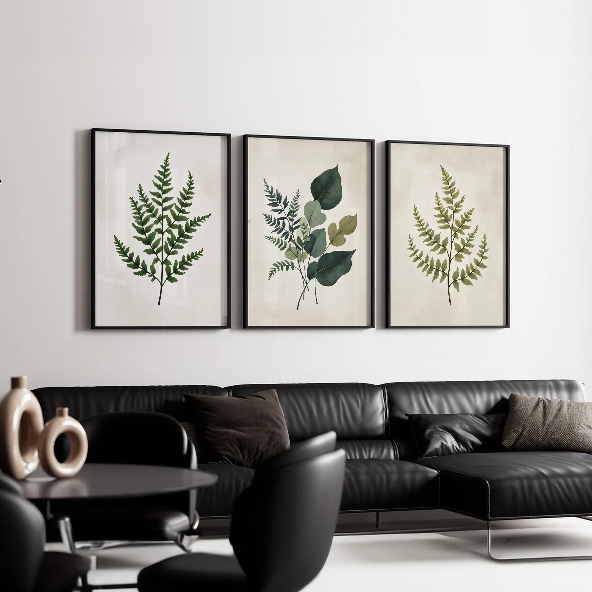 Set of 3 Minimalist Botanical Wall Art | Green Fern and Eucalyptus ...
