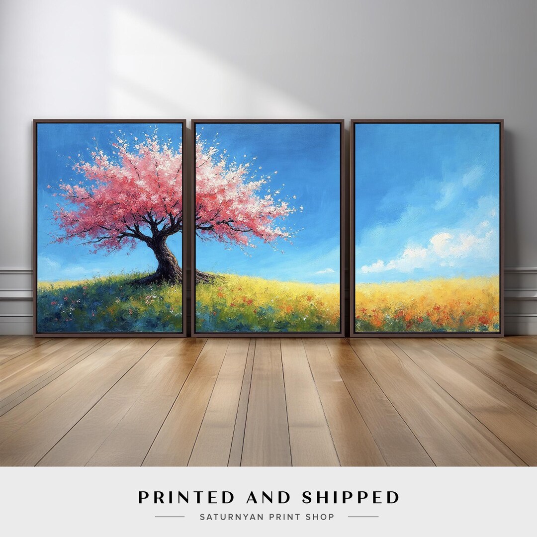 Cherry Blossom Wall Art Set of 3 | Spring Landscape Triptych With Pink ...