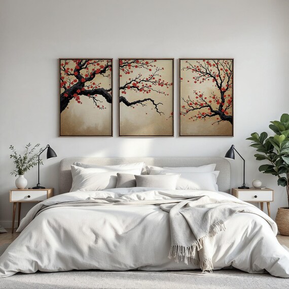 Japanese Cherry Blossom Wall Art, Sakura Tree Triptych, Asian Ink