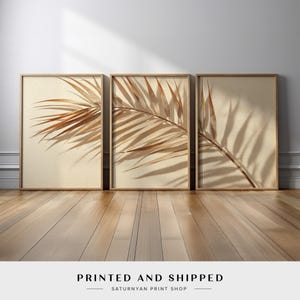 May include: Three framed prints featuring dried palm leaves in shades of brown and beige. The artwork is displayed against a neutral background, with the text "PRINTED AND SHIPPED" at the bottom. The prints are displayed on a wooden floor.