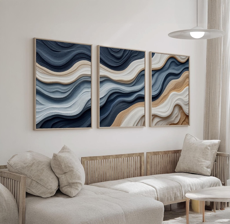 Modern Abstract Wave Wall Art Set of 3 | Ocean Flowing in Navy Blue ...