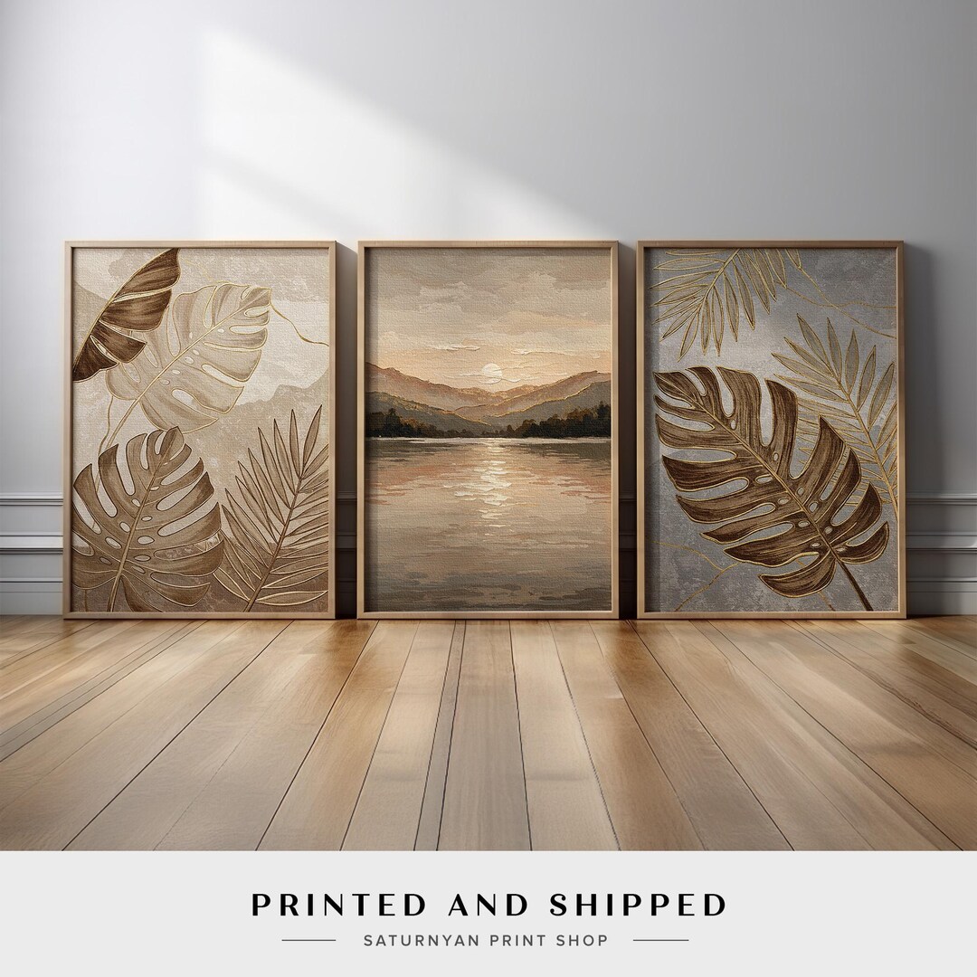 Botanical Wall Art Set of 3 | Gold Tropical Leaf and Lake Sunset Canvas ...