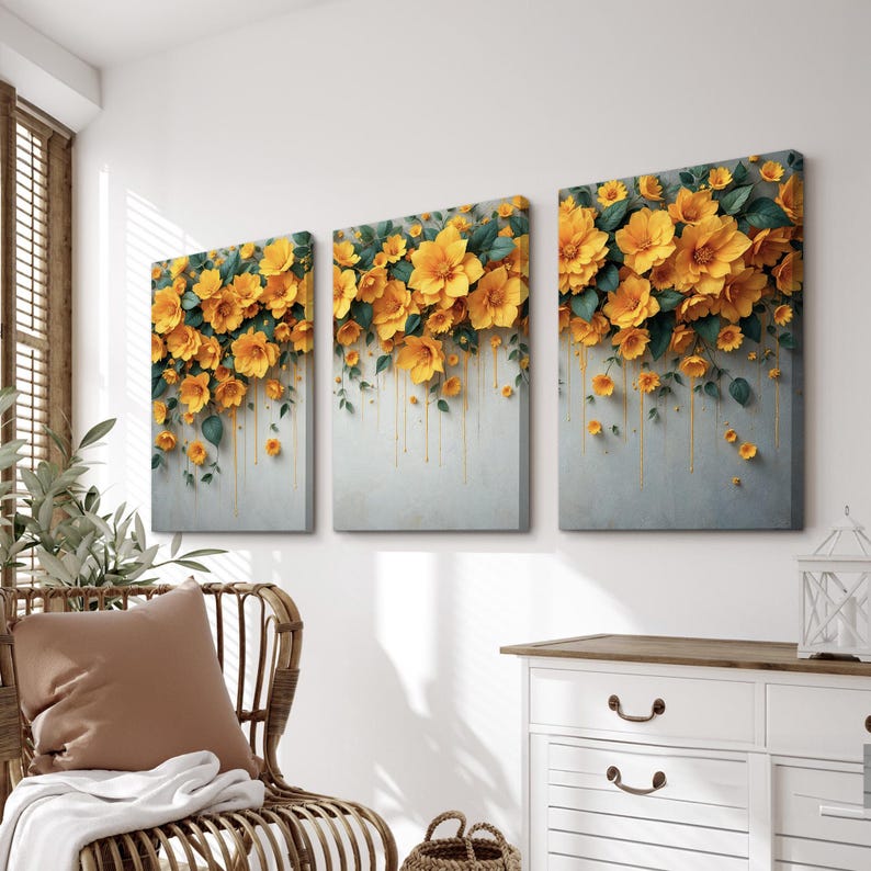 Yellow Floral Wall Art | Set of 3 Cascading Bloom Canvas Prints ...