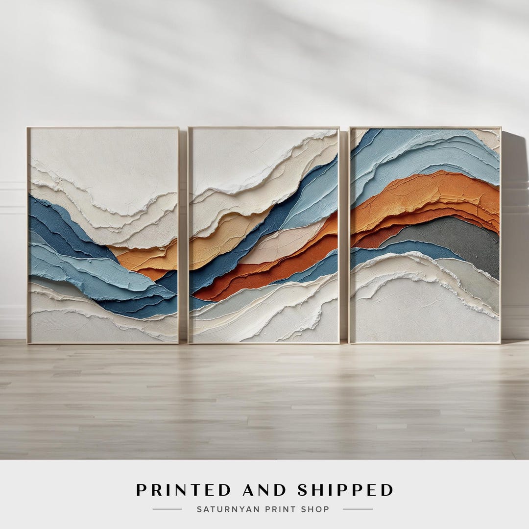Abstract Wave Wall Art Set of 3 | ocean Inspired Earth Tones in Blue ...