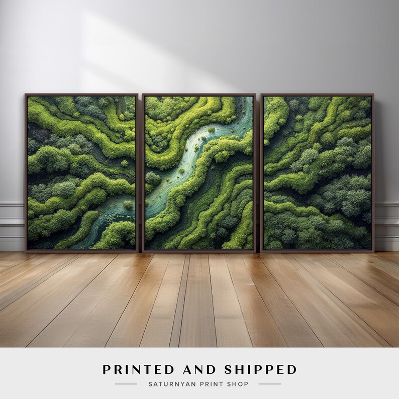 Lush Green Forest Wall Art Set | Aerial River Landscape Canvas Triptych ...