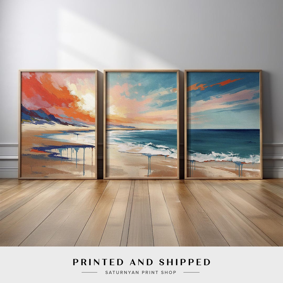 Abstract Coastal Beach Wall Art Set of 3 | Colorful Ocean Wave and ...
