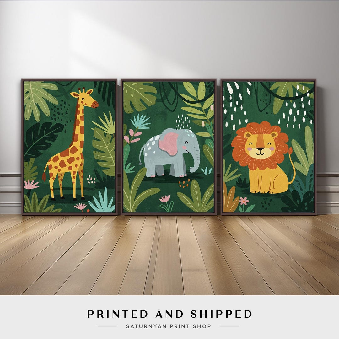 Jungle Animal Wall Art Set of 3 | Giraffe Elephant Lion Canvas Prints ...