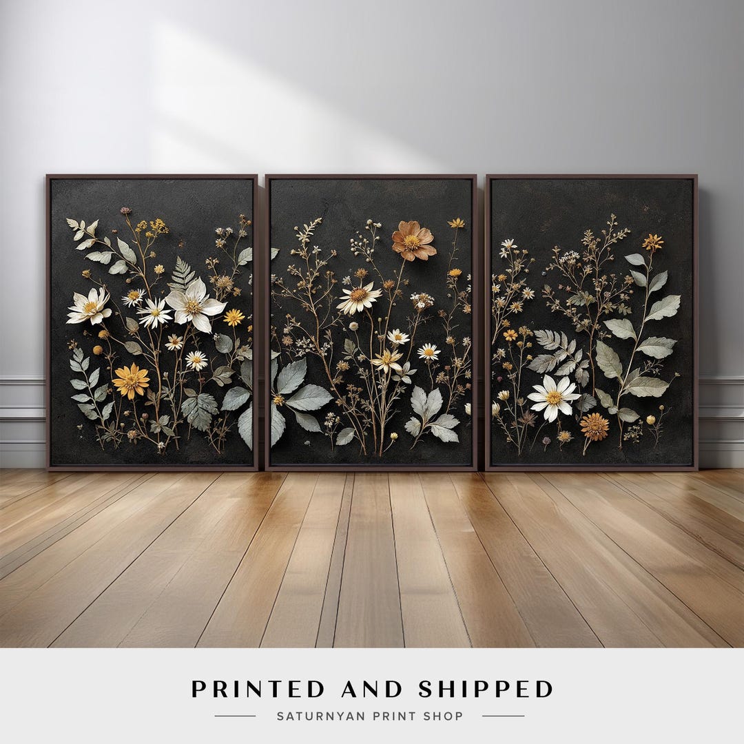 Botanical Triptych Wall Art Set of 3 | Dark Background Floral Canvas ...