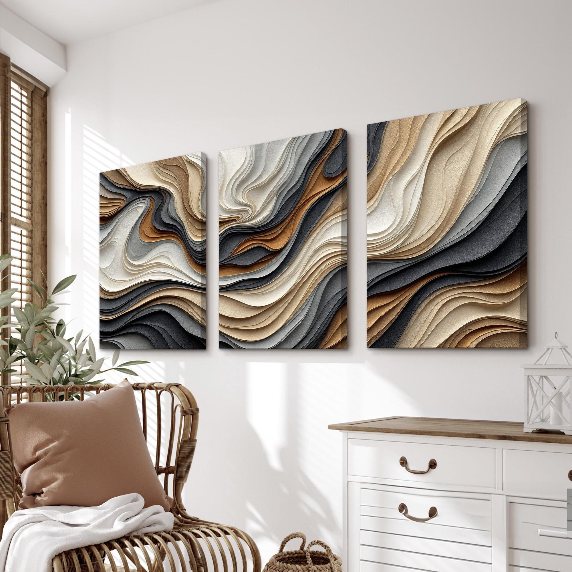 Earthy Modern Abstract Triptych Wall Art | Flowing Black, Tan and Cream ...