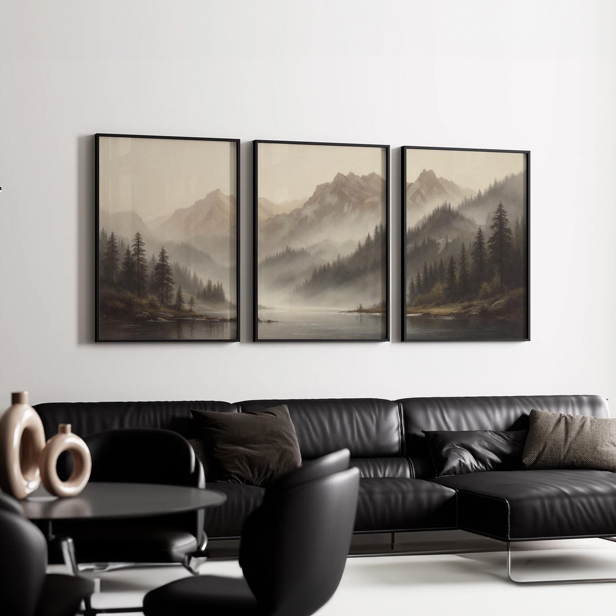Neutral Landscape Wall Art Set of 3 | Misty Mountain Lake Canvas Prints ...