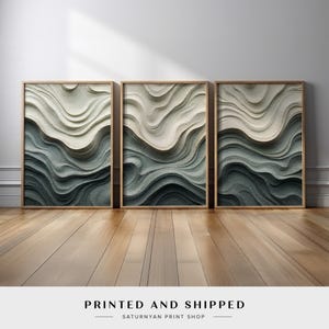 Abstract Coastal Wave Wall Art Set of 3 | Modern Ocean-Inspired Canvas Prints in Neutral Beige, Cream, and Blue-Green Minimalist Home Decor