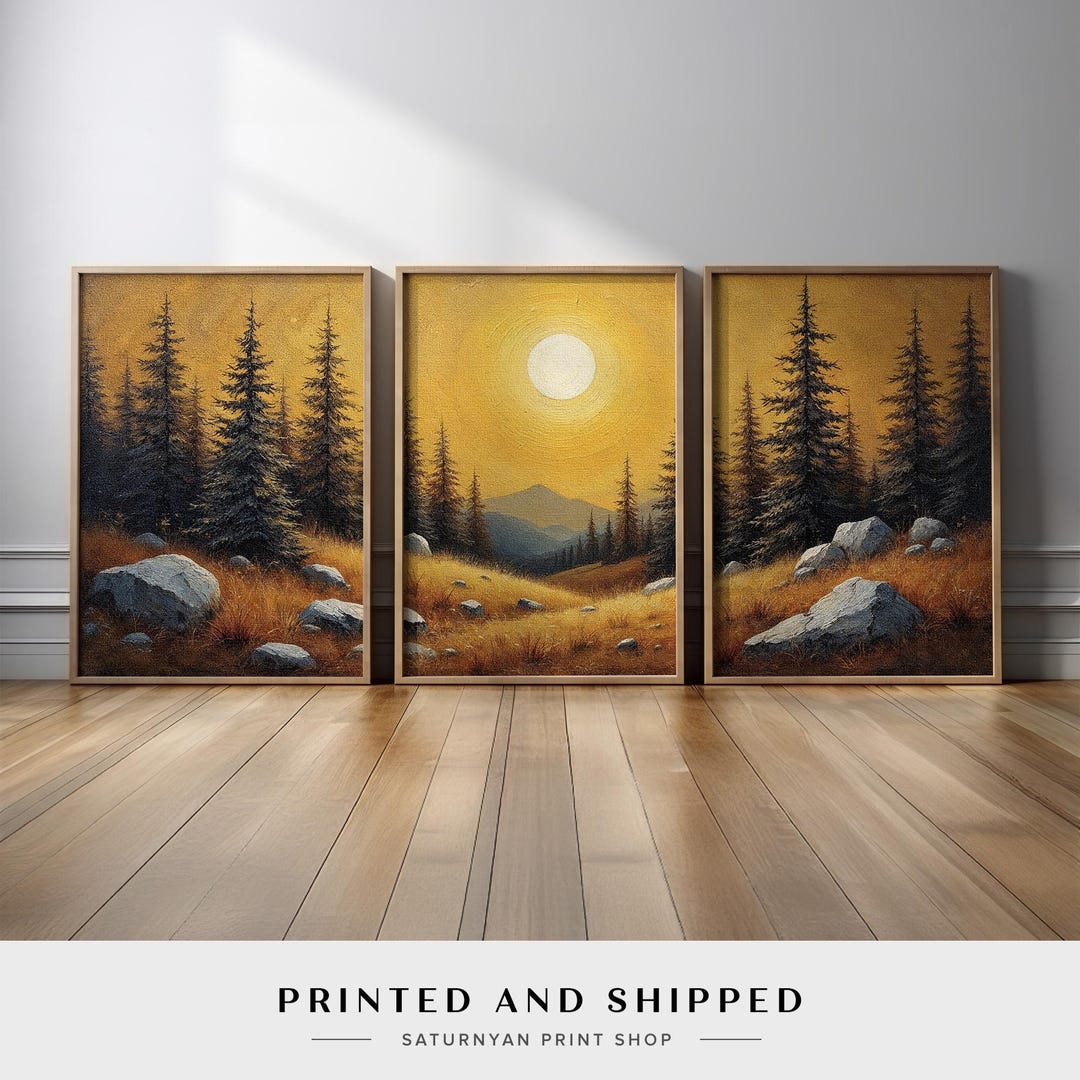 Rustic Mountain Landscape Wall Art Set | Golden Wilderness Forest ...
