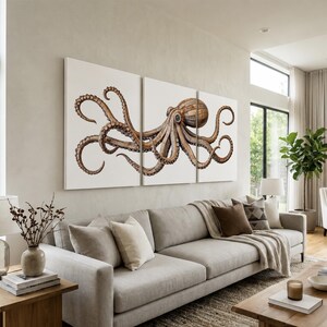 May include: A three-panel wall art set featuring a detailed illustration of a brown octopus with long, curling tentacles spread across a white background. The artwork is displayed as a triptych, with the creature's body and limbs divided.