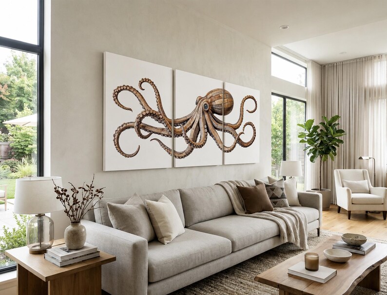 May include: A three-panel wall art set featuring a detailed illustration of a brown octopus with long, curling tentacles spread across a white background. The artwork is displayed as a triptych, with the creature's body and limbs divided.