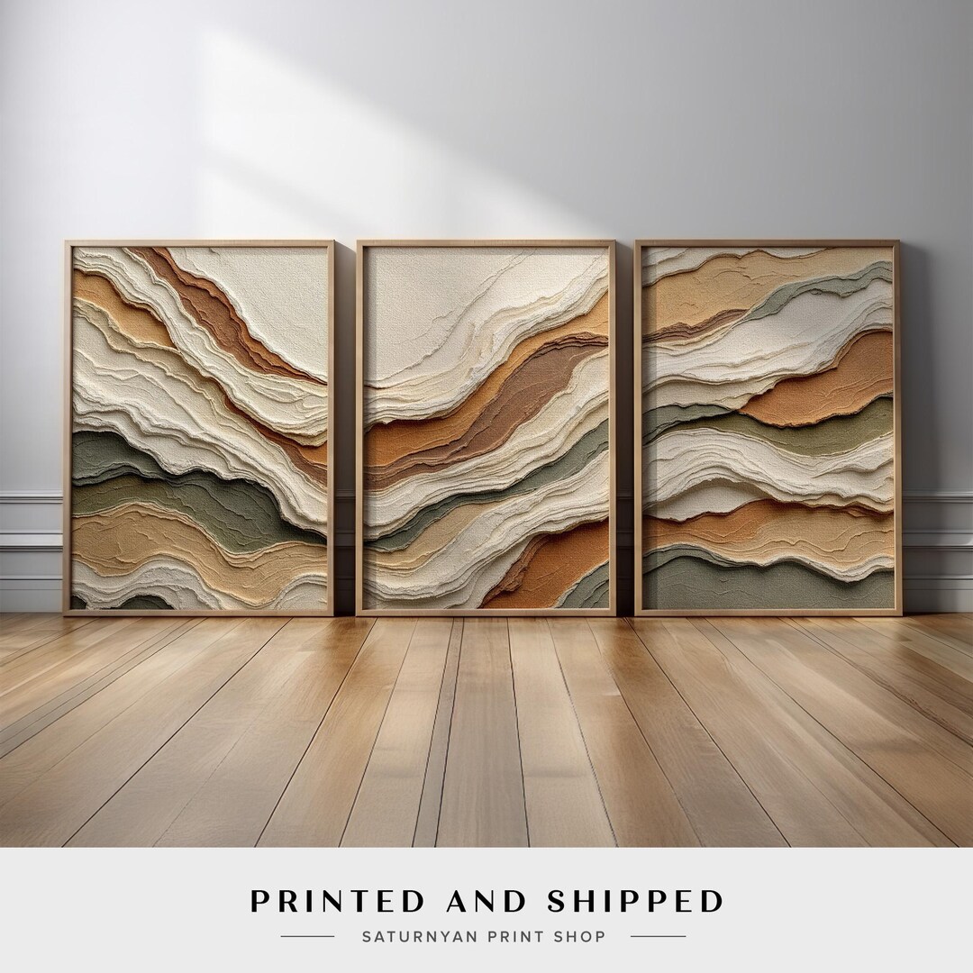 Earth Tone Layered Abstract Wall Art Set of 3 | Sand Wave Beige Cream ...