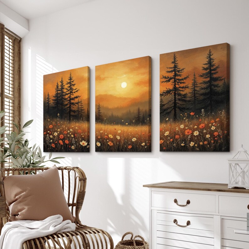 Warm Sunset Meadow Wall Art Set of 3 | Golden Autumn Landscape With ...