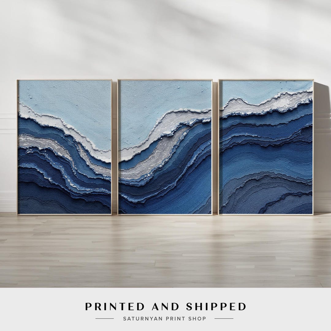 Blue Wave Abstract Wall Art Set of 3 | Ocean Inspired Triptych for ...