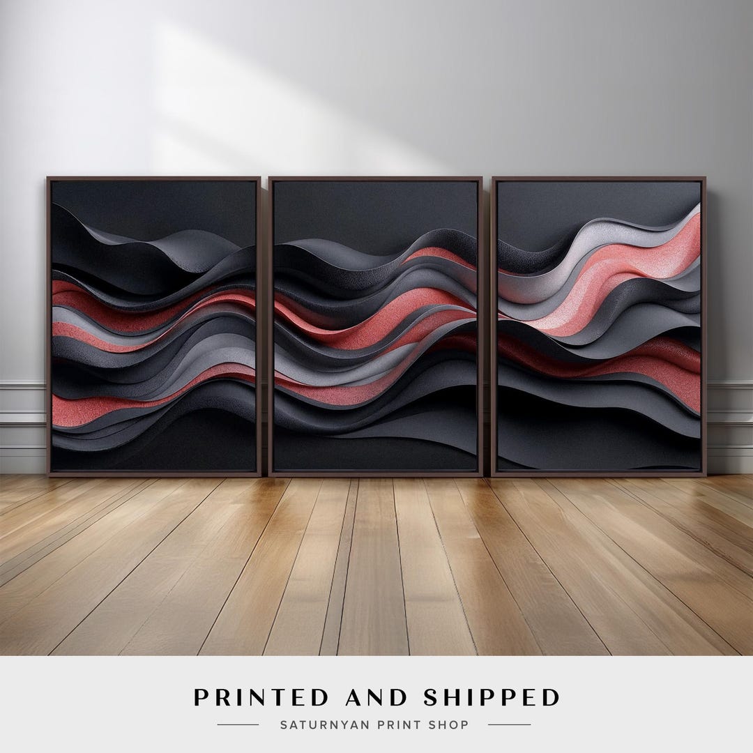 Black and Rose Gold Abstract Wall Art Set of 3 | Layered Wave Triptych ...