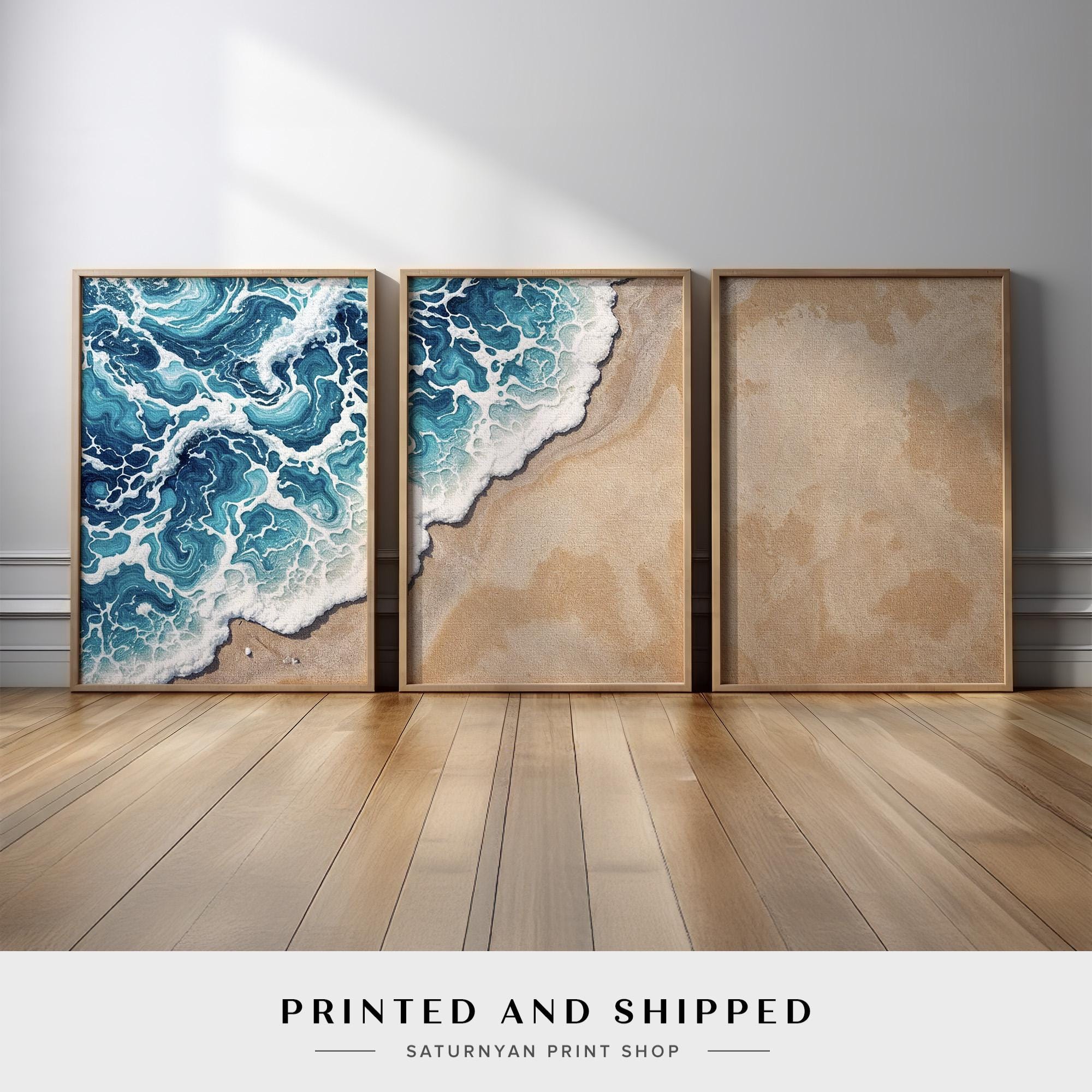 Coastal Wall Art Set of 3 | Blue Ocean Wave and Beach Triptych Canvas ...