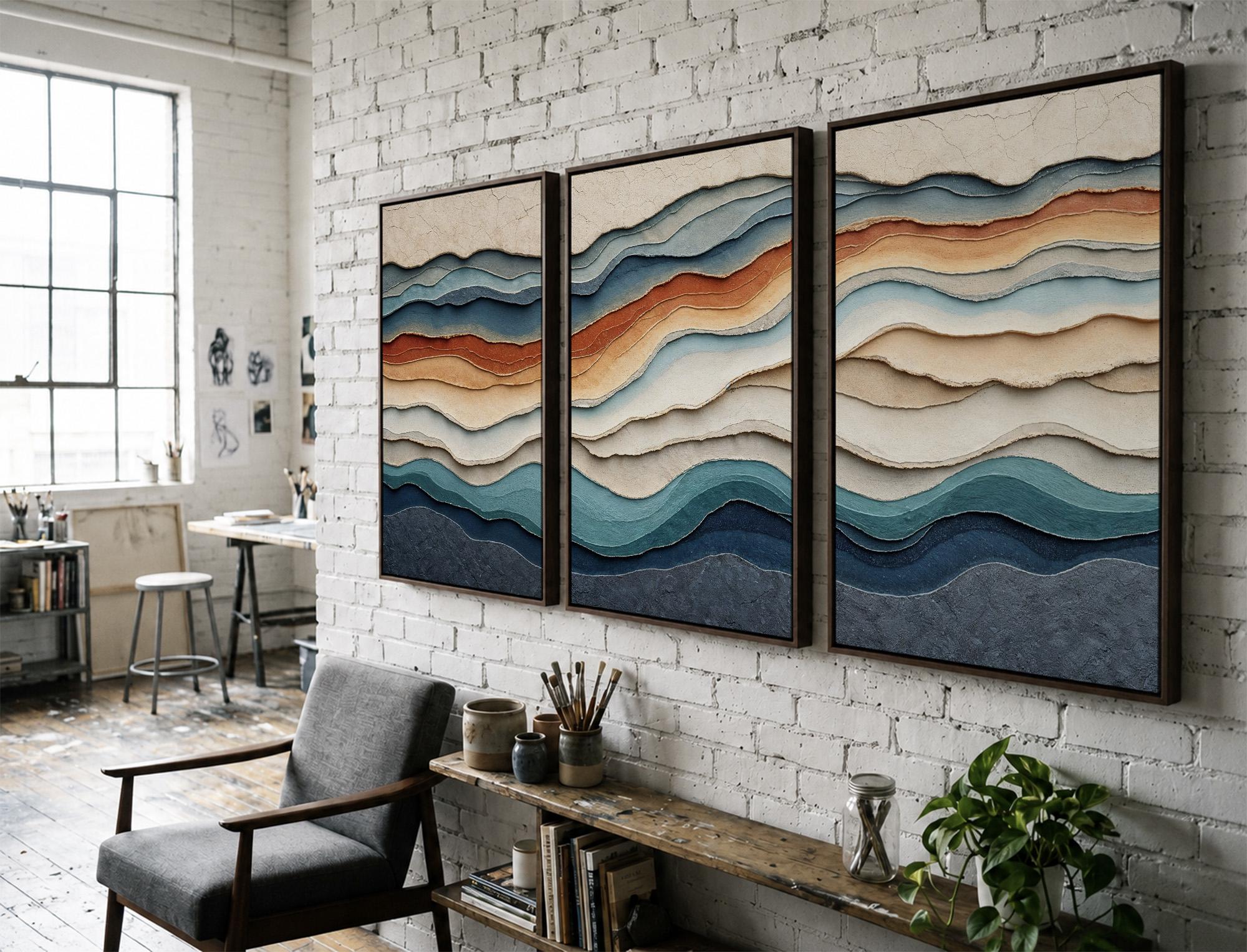 Modern Earthy Wave Wall Art Set of 3 | Navy Blue, Rust, Cream, and